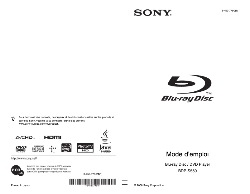 Page 1 de la notice Manuel utilisateur Sony BDP-S550