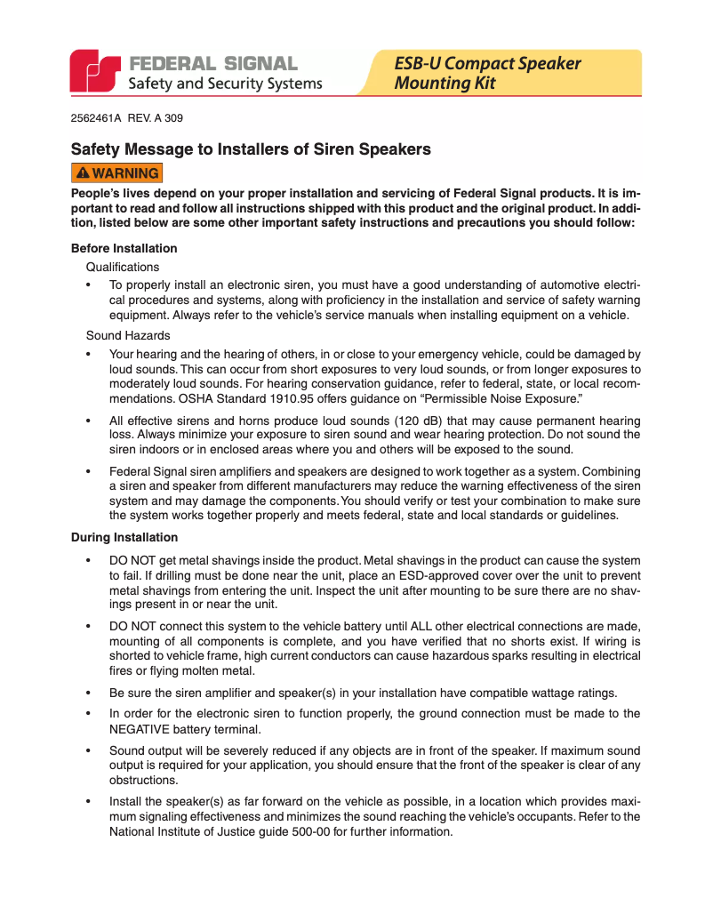 Page n°1 - Manuel utilisateur Federal Signal ESB-U