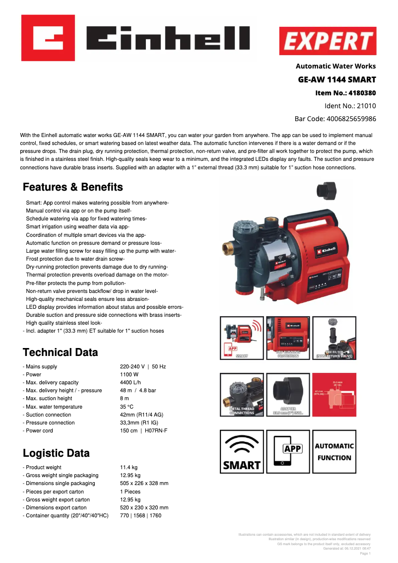 Page 1 de la notice Fiche technique Einhell GE-AW 1144 SMART