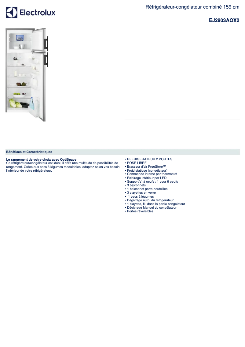 Página 1 del manual Ficha técnica Electrolux EJ2803AOX2
