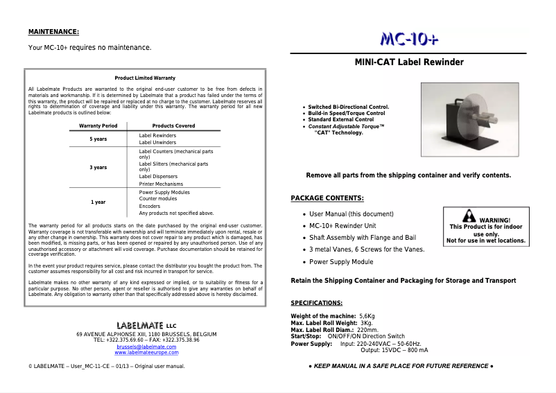 Page n°1 - Manuel utilisateur Labelmate MC-10+