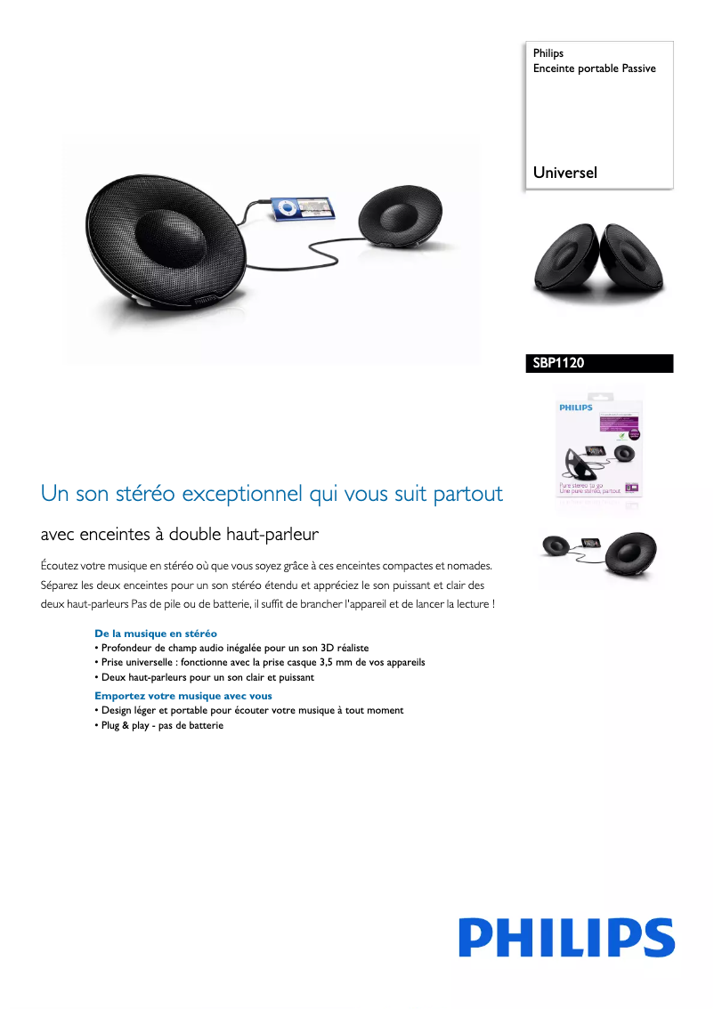Page 1 de la notice Fiche technique Philips SBP1120