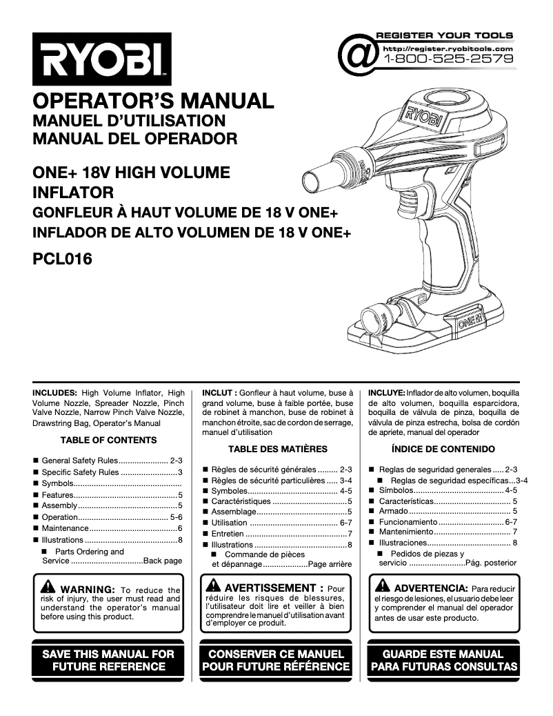 Page n°1 - Manuel utilisateur RYOBI One+ PCL016