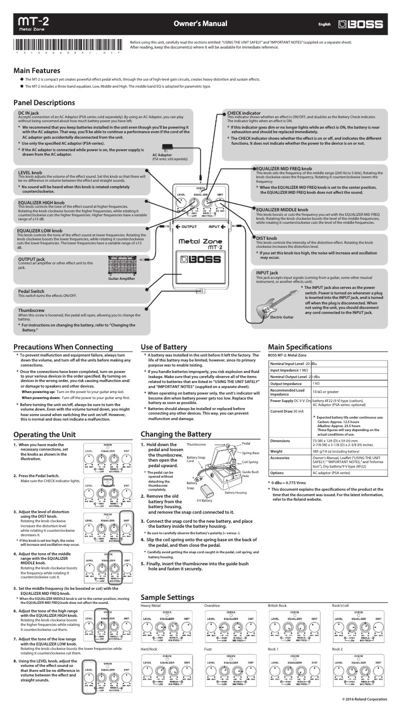 Page n°1 - Manuel utilisateur Boss Metal Zone MT-2