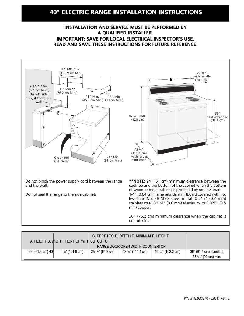 Page 1 de la notice Guide d'installation Frigidaire FEF402BW