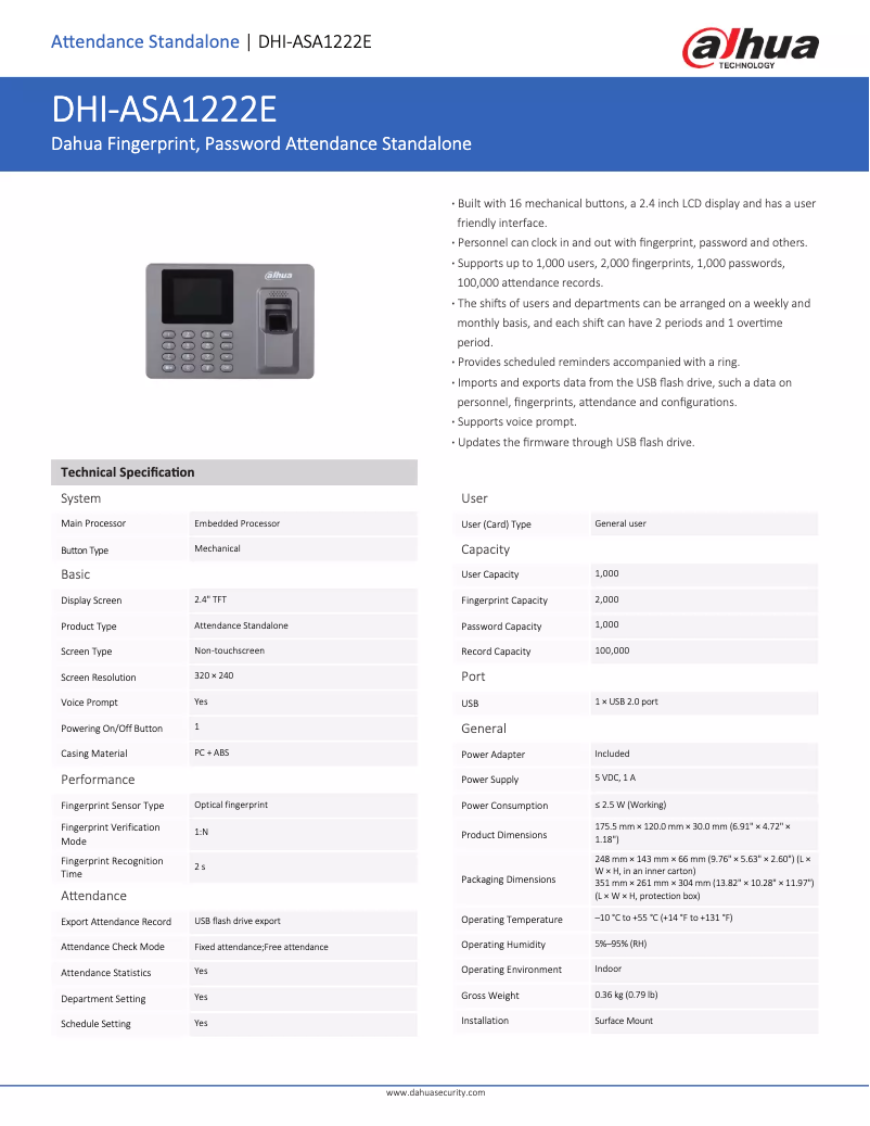Page 1 de la notice Fiche technique Dahua Technology ASA1222EL