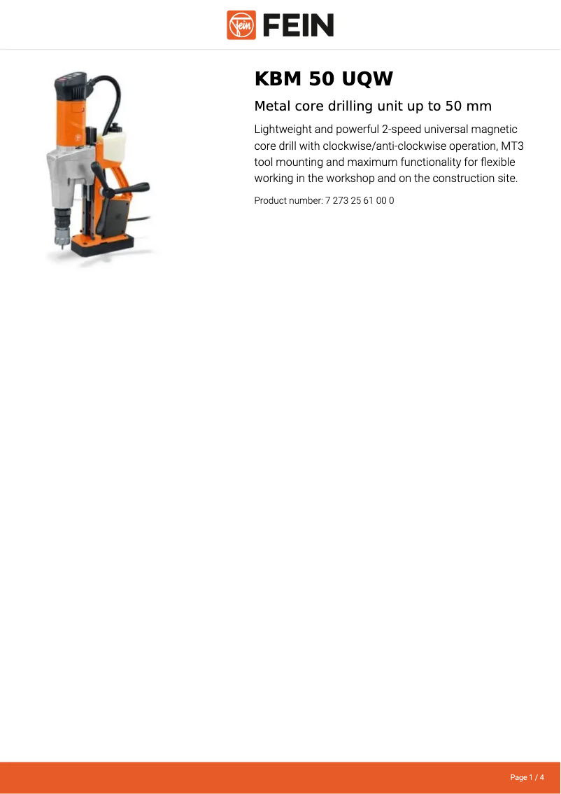 Page 1 de la notice Fiche technique Fein KBM 50 UQW