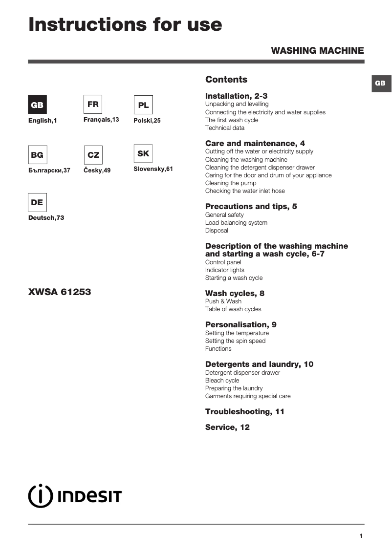 Page n°1 - Manuel utilisateur Indesit XWSA 61253 W EU