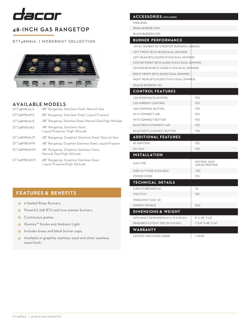 Page n°1 - Fiche technique Dacor DTT48M876LS