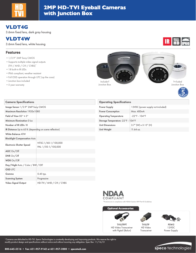 Page 1 de la notice Fiche technique Speco Technologies VLDT4G