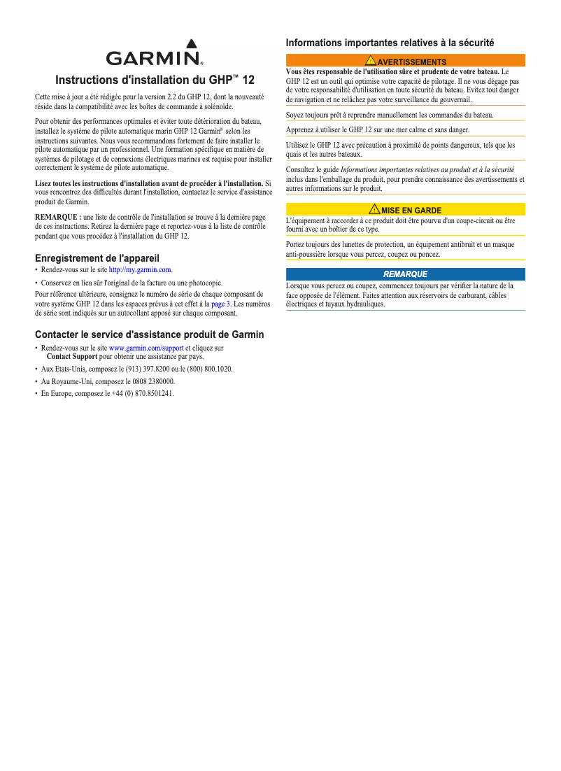 Page 1 de la notice Guide d'installation Garmin GHP 12