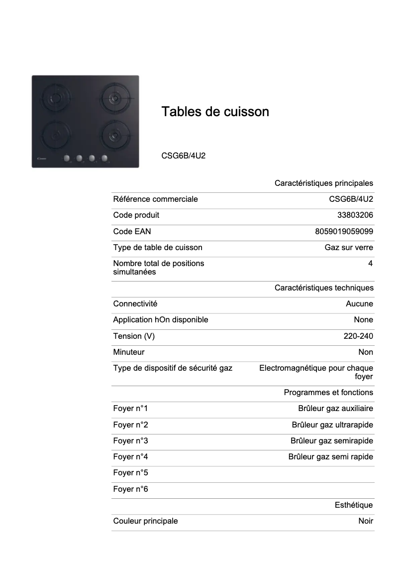 Page 1 de la notice Fiche technique Candy CSG6B