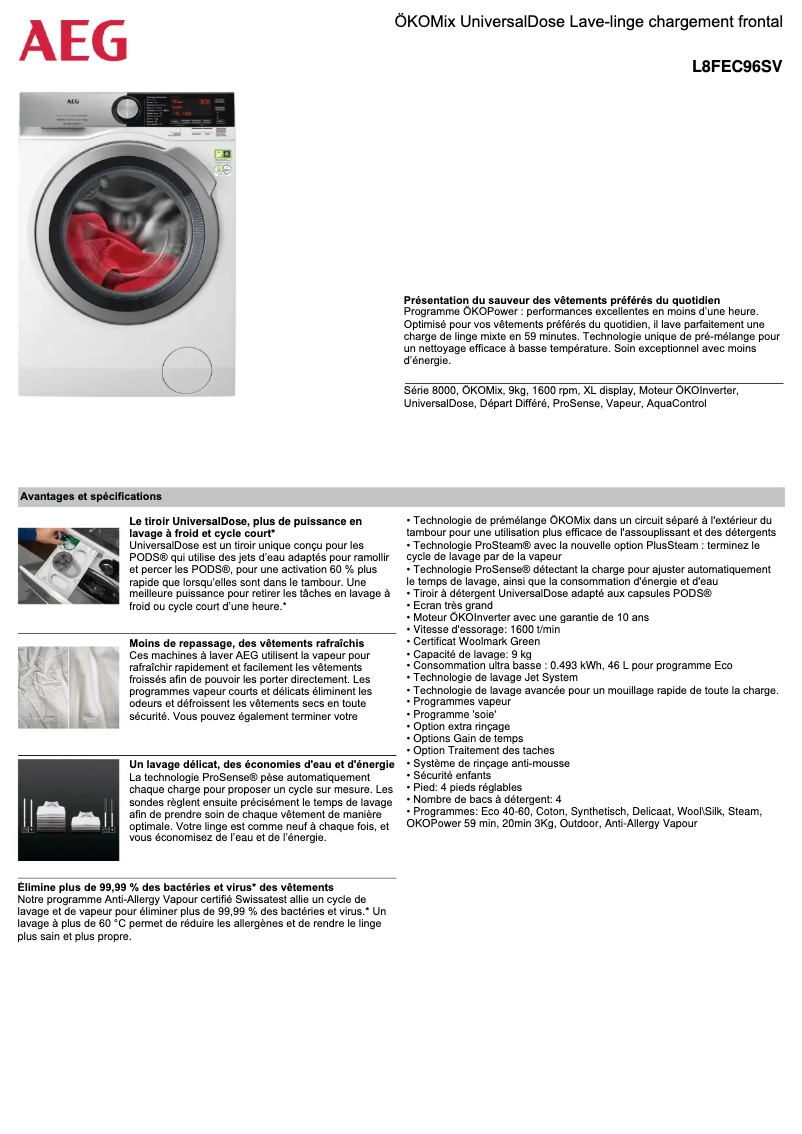Page n°1 - Fiche technique AEG L8FEC96SV