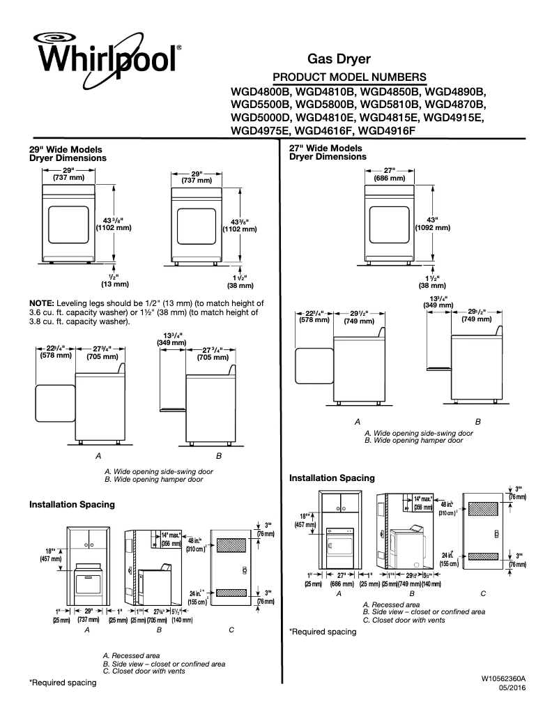 Page 1 de la notice Fiche technique Whirlpool WGD4916F