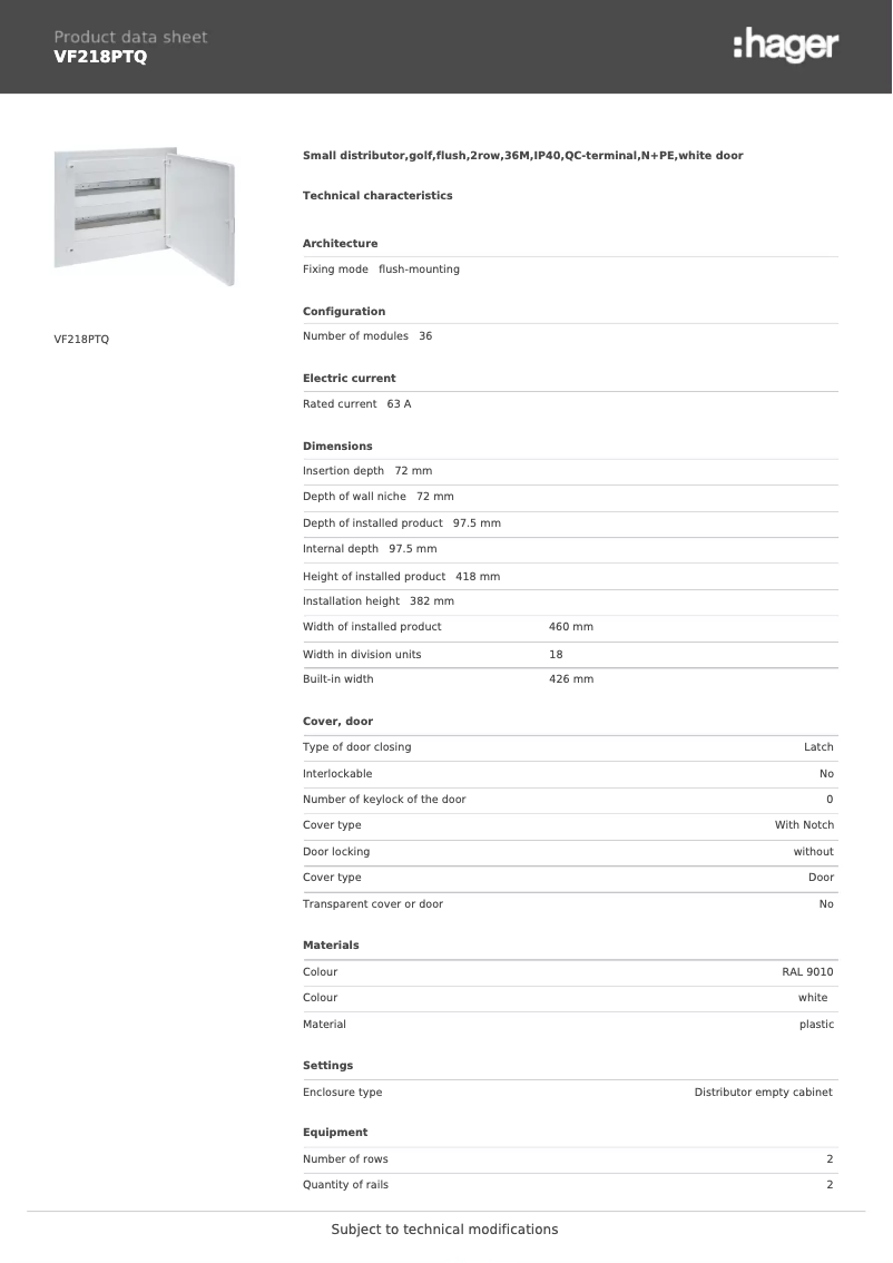 Page n°1 - Fiche technique Hager VF218PTQ