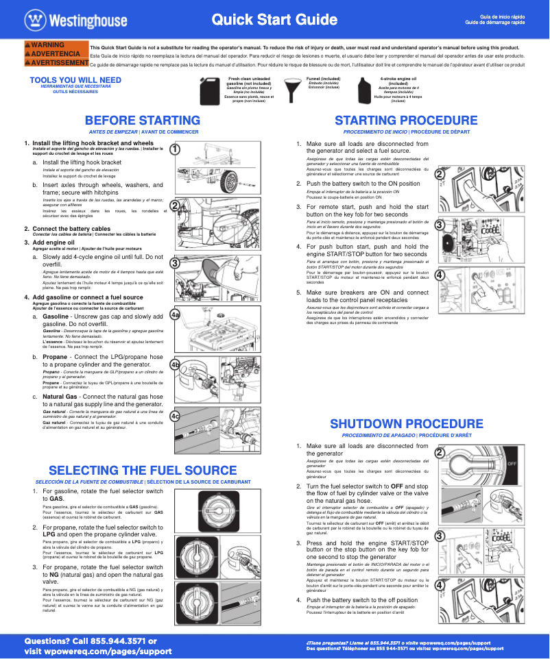 Page 1 de la notice Guide de démarrage rapide Westinghouse WGen14500TFc