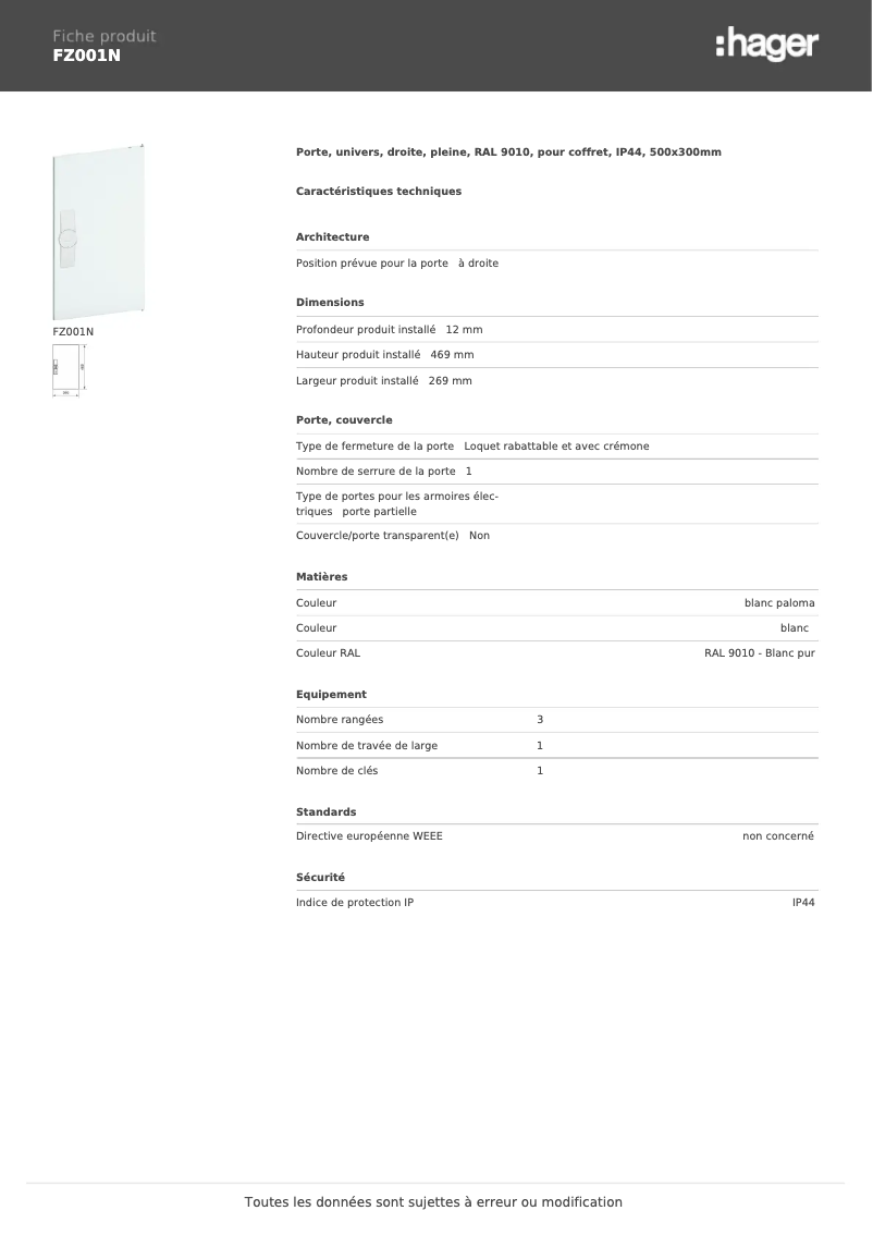 Page 1 de la notice Fiche technique Hager FZ001N