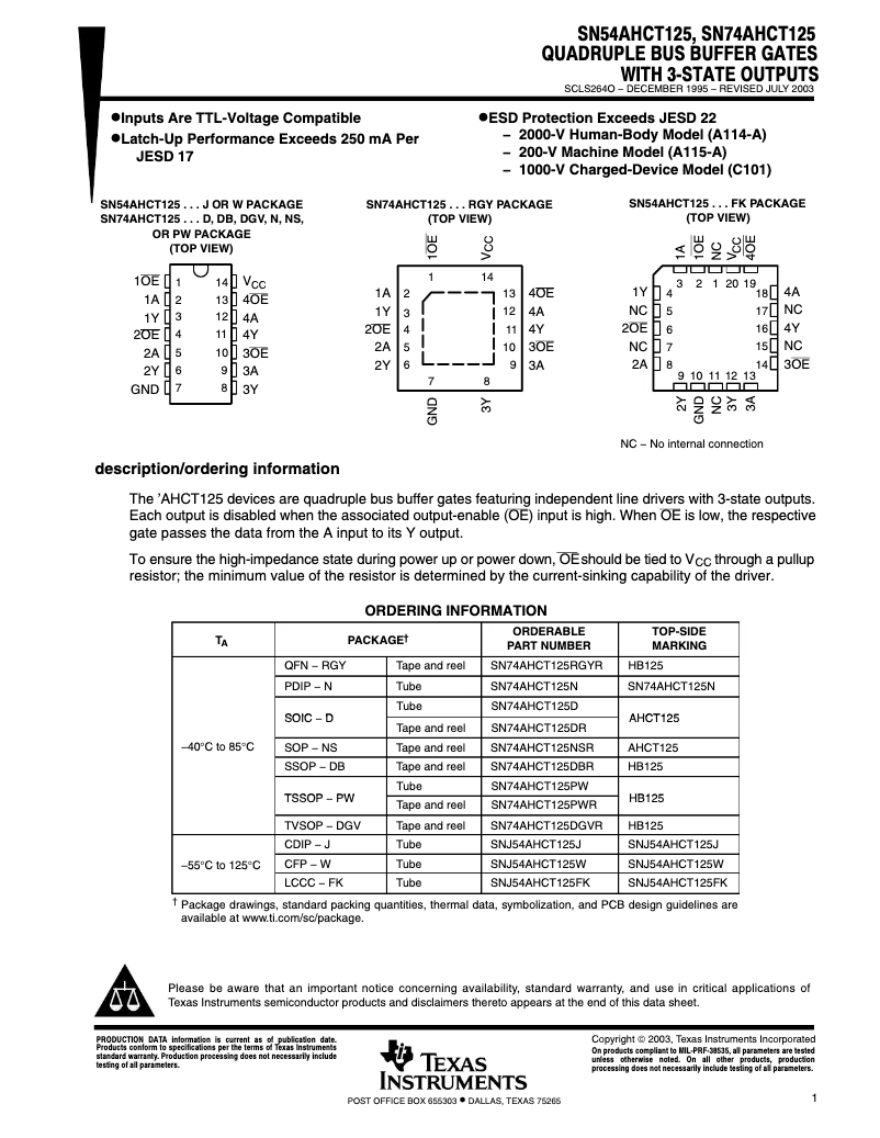 Image de la première page du manuel de l'appareil SN74AHCT125PWR