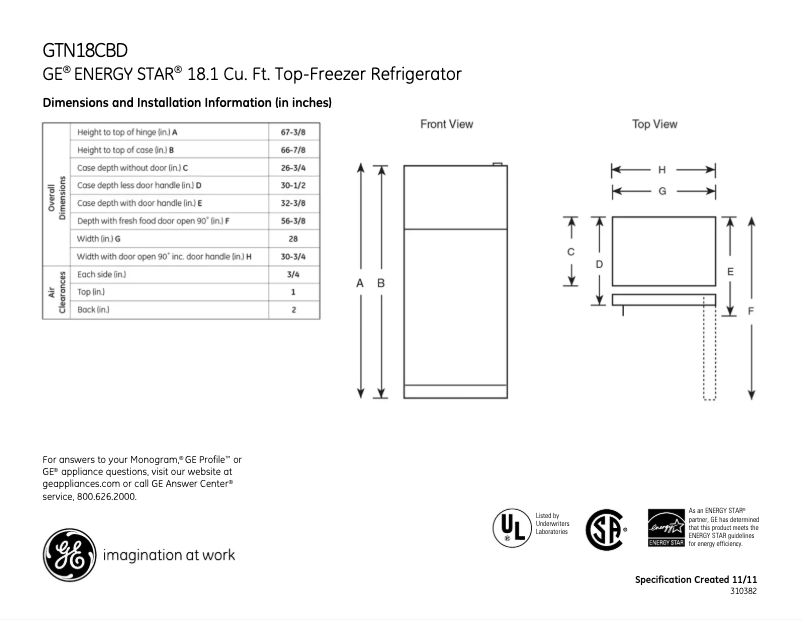 Page 1 de la notice Fiche technique GE GTN18CBDWW