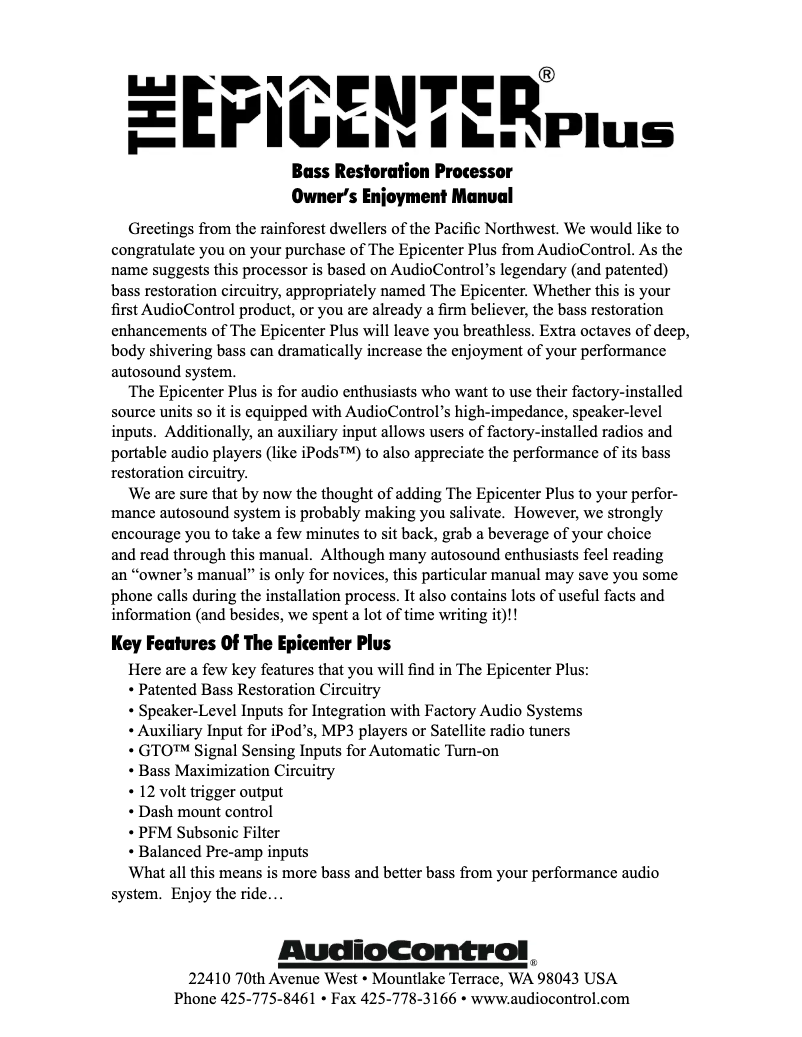 Page 1 de la notice Mode d'emploi AudioControl The Epicenter Plus