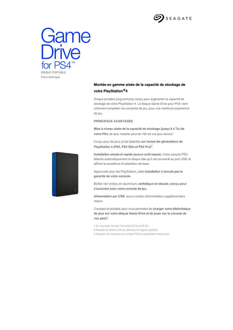 Page n°1 - Fiche technique Seagate Game Drive for PS4