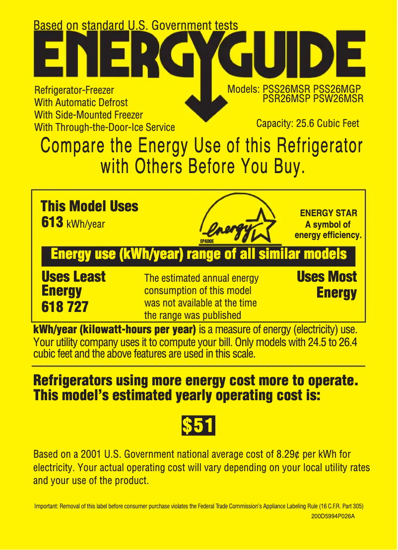 Page 1 de la notice Label énergétique GE Profile PSW26MSRSS