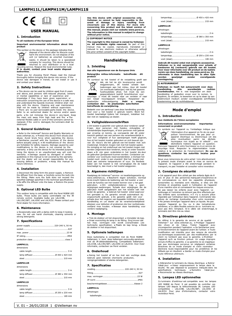 Page 1 de la notice Manuel utilisateur Perel LAMPH11S