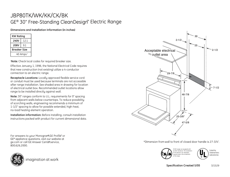 Page n°1 - Fiche technique GE JBP80CKCC