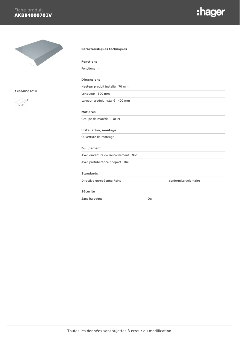 Page n°1 - Manuel utilisateur Hager AKB84000701V