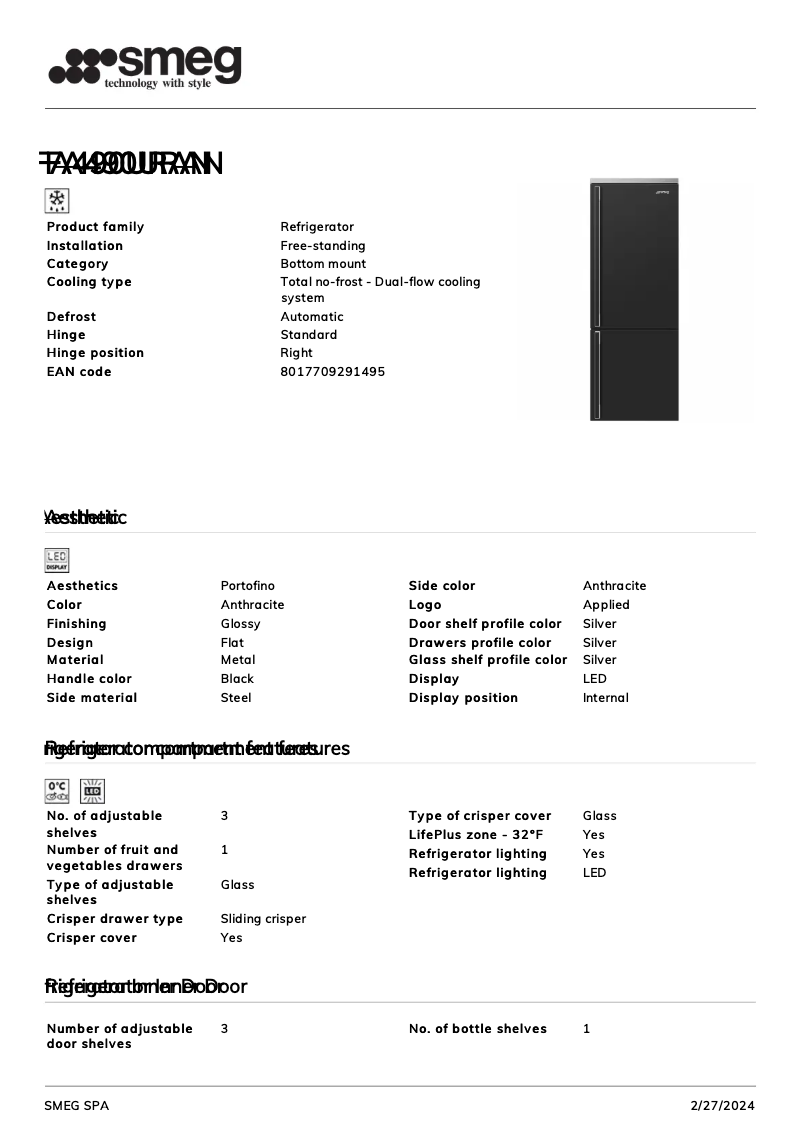 Page 1 de la notice Fiche technique Smeg FA490URAN