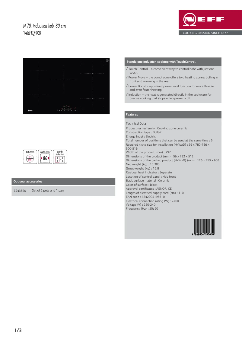 Page 1 de la notice Fiche technique Neff T48PD23X0