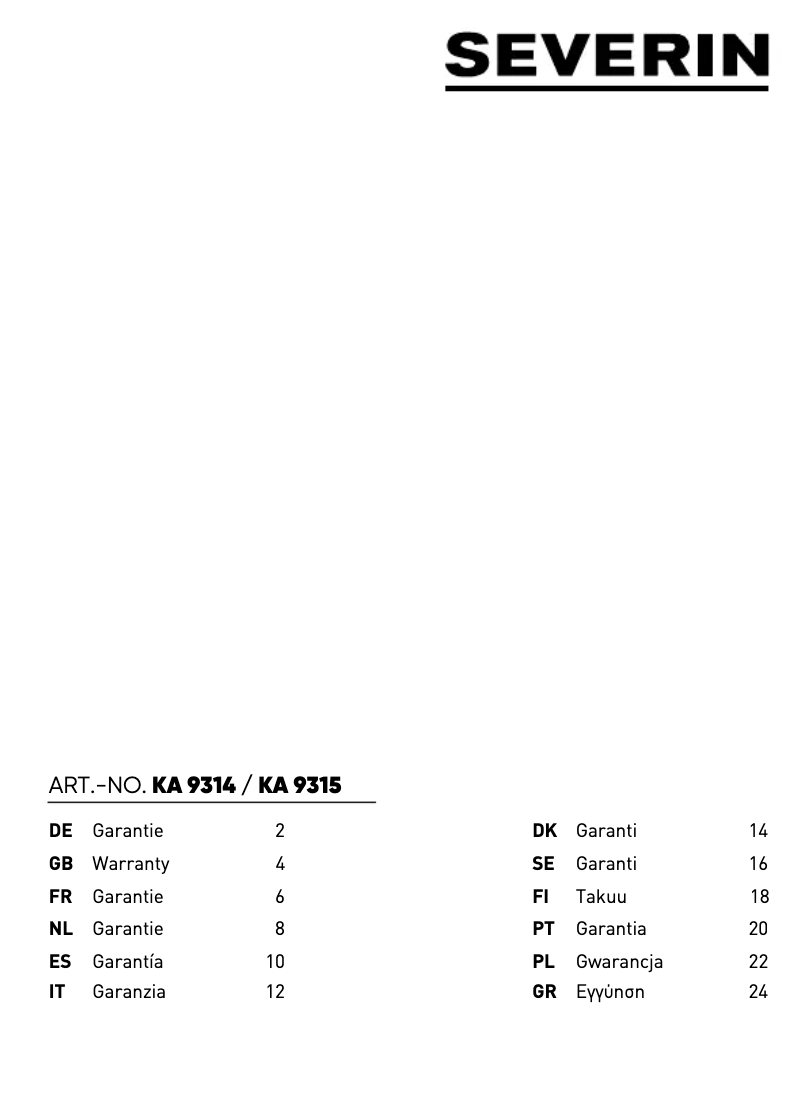 Page n°1 - Informations de garantie Severin KA 9315