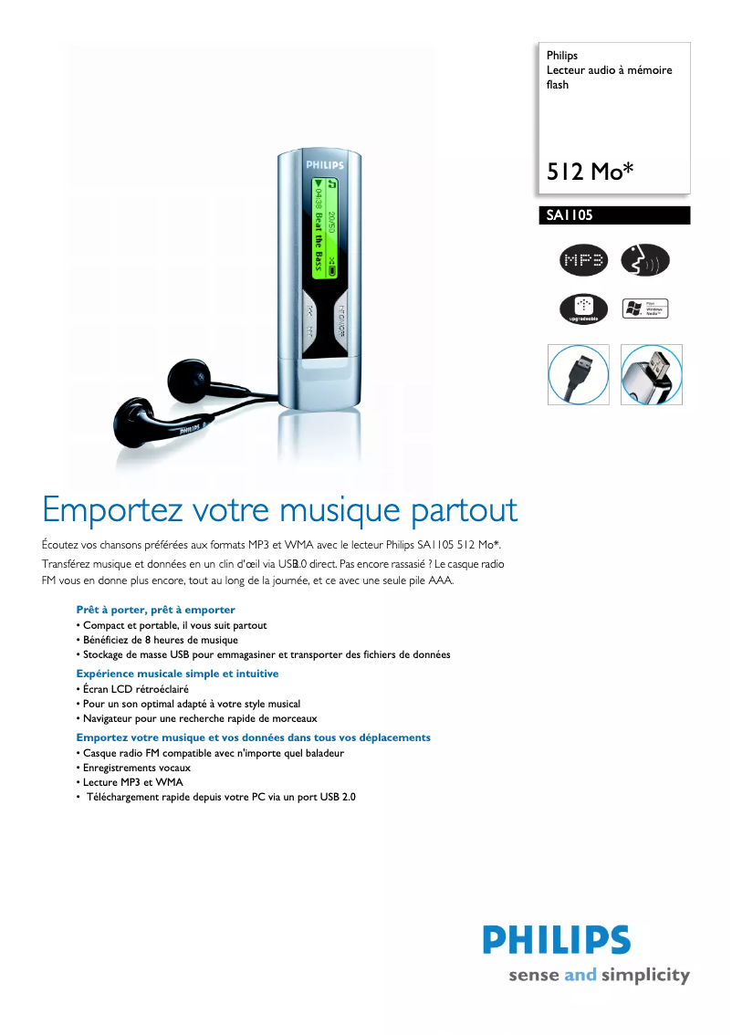 Page 1 de la notice Fiche technique Philips SA1105