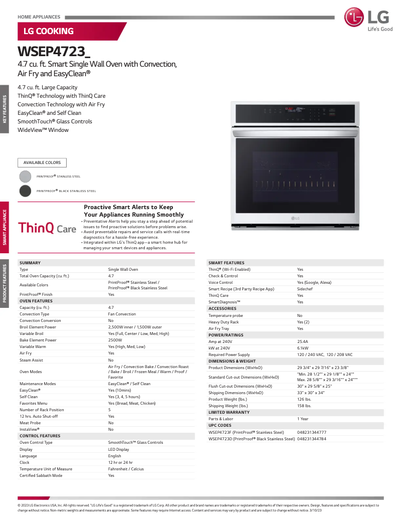 Página 1 del manual Ficha técnica LG WSEP4723F