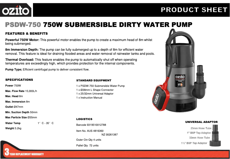 Página 1 del manual Ficha técnica Ozito PSDW-750