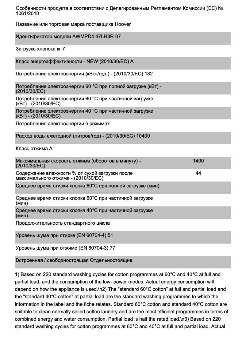 Page 1 de la notice Fiche technique Hoover AXI AWMPD4 47LH3R-07