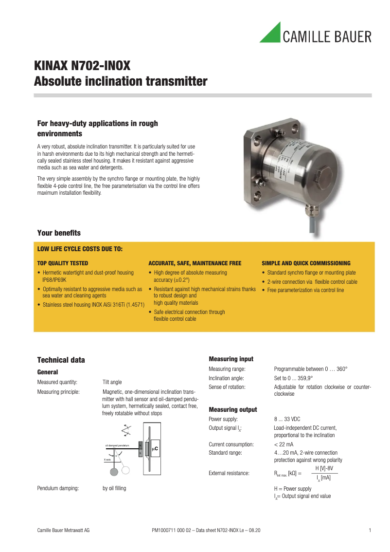Page 1 de la notice Fiche technique Camille Bauer KINAX N702-INOX