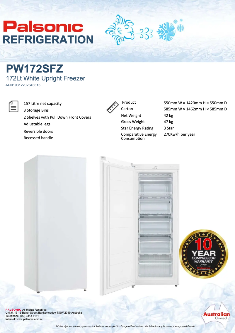 Page 1 de la notice Fiche technique Palsonic PW172SFZ