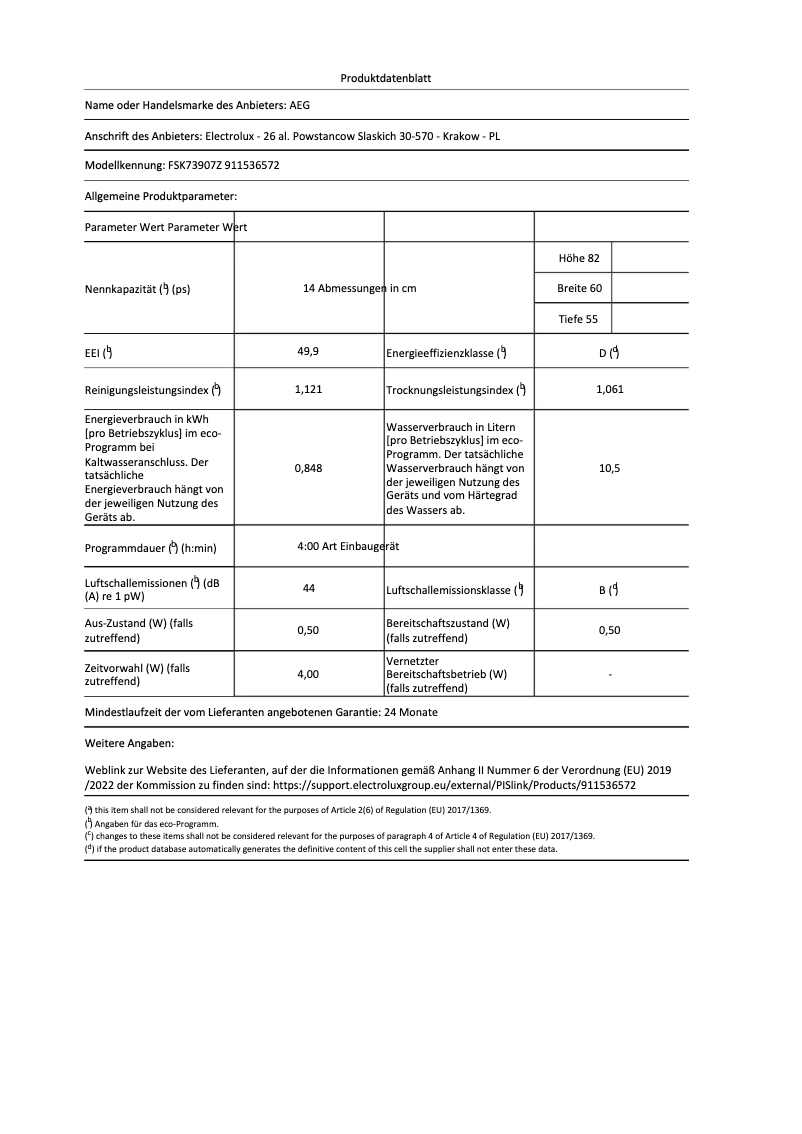 Page n°1 - Fiche technique AEG FSK73907Z