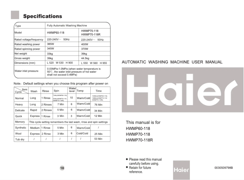 Page 1 de la notice Manuel utilisateur Haier HWMP70-118