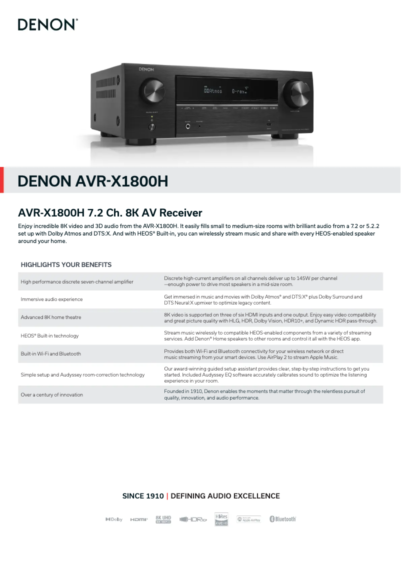 Page n°1 - Fiche technique Denon AVR-X1800H