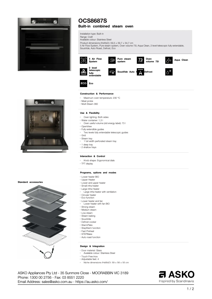 Page 1 de la notice Fiche technique Asko OCS8687S