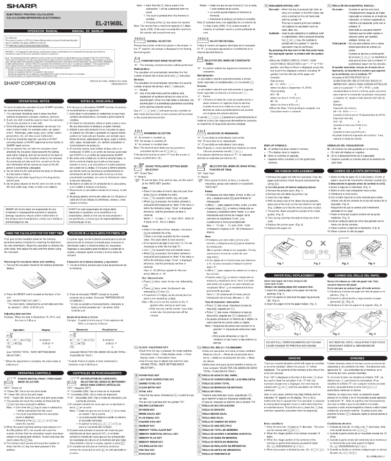 Page n°1 - Manuel utilisateur Sharp EL-2196BL