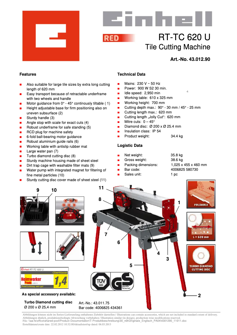 Page n°1 - Fiche technique Einhell RT-TC 620 U