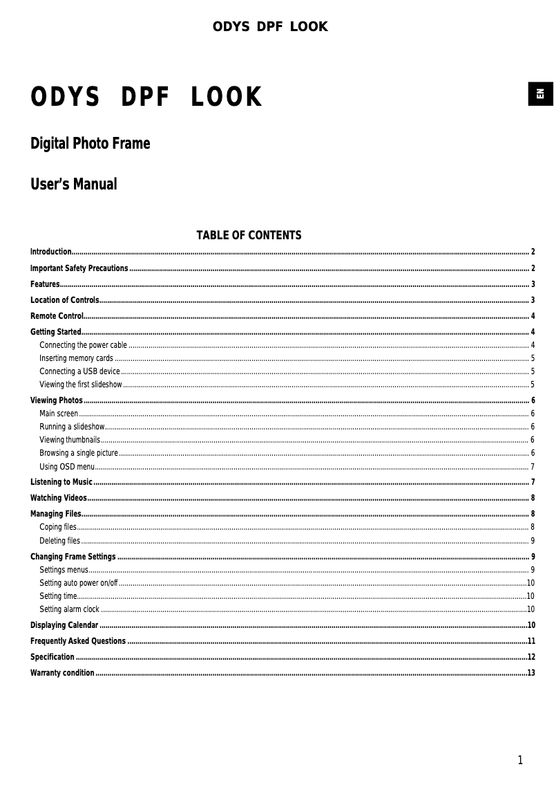 Page 1 de la notice Manuel utilisateur Odys DPF-LOOK