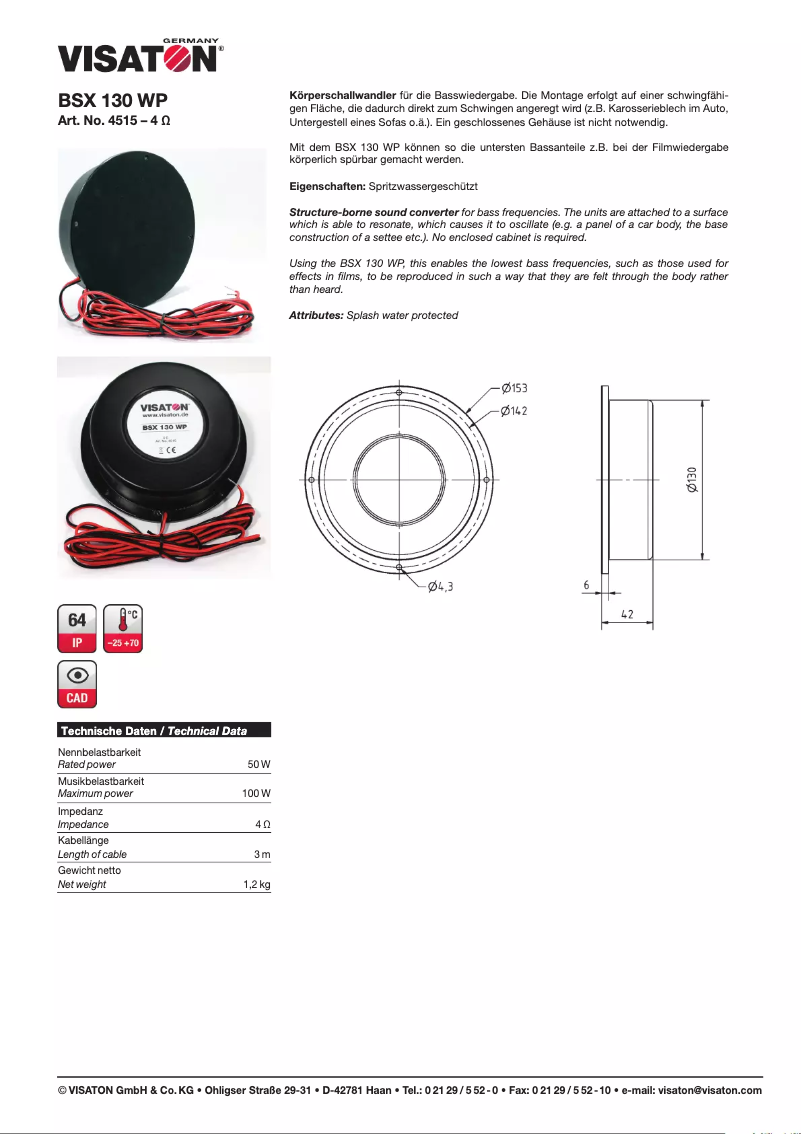 Page 1 de la notice Manuel utilisateur Visaton BSX 130 WP