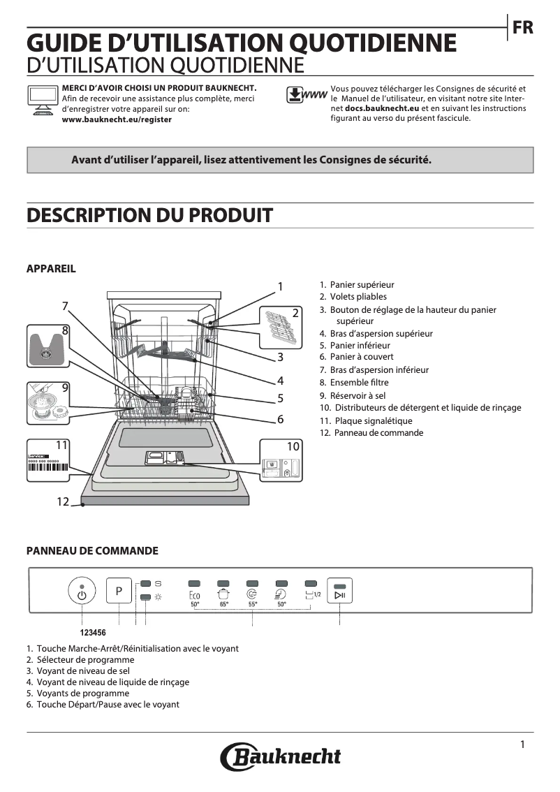 Page 1 de la notice Manuel d'utilisation et d'entretien Bauknecht BIE 2B19