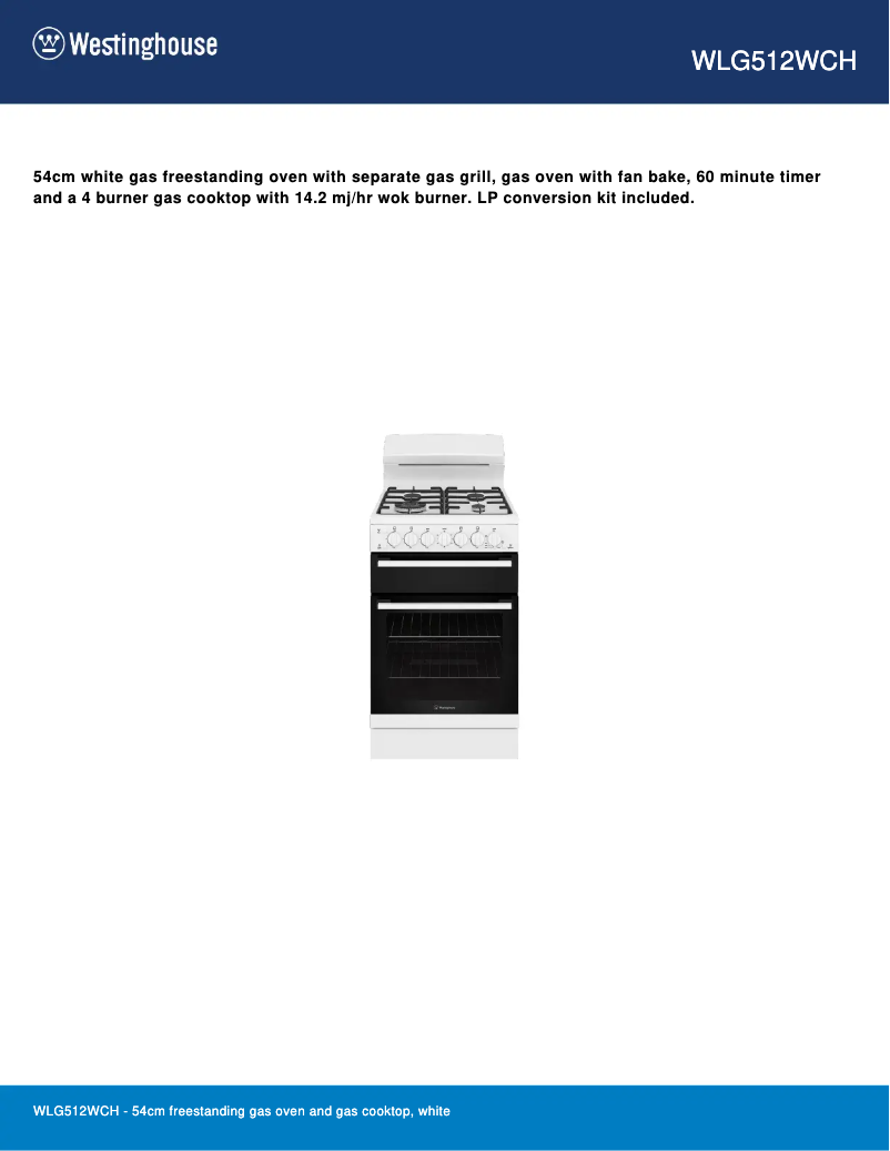 Page 1 de la notice Fiche technique Westinghouse WLG512WCH
