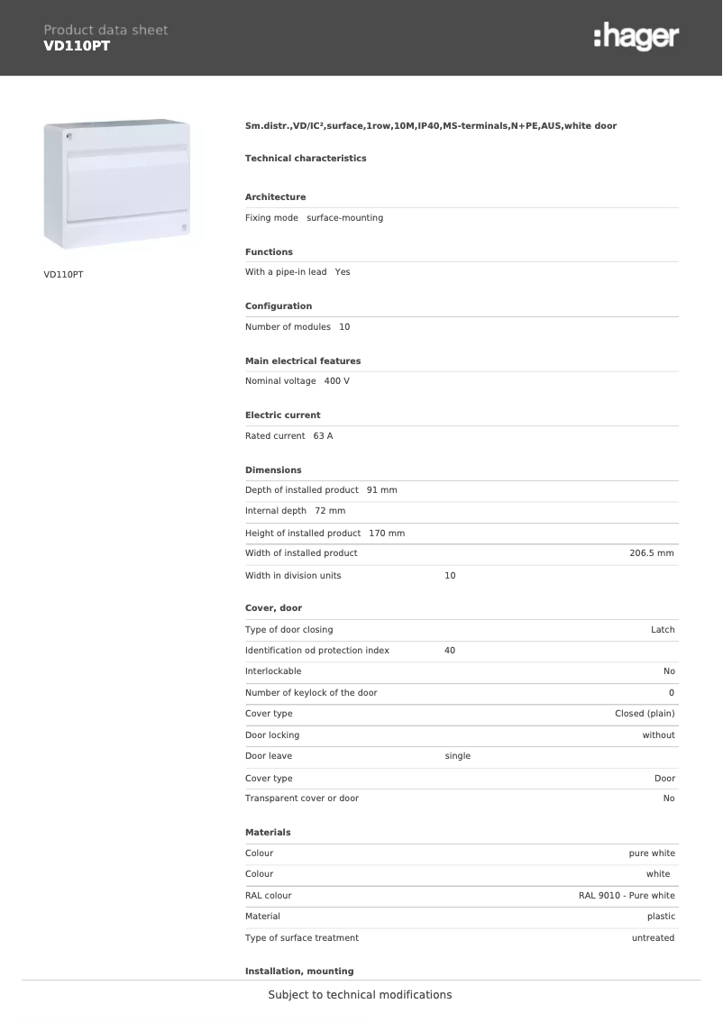 Image de la première page du manuel de l'appareil VD110PT
