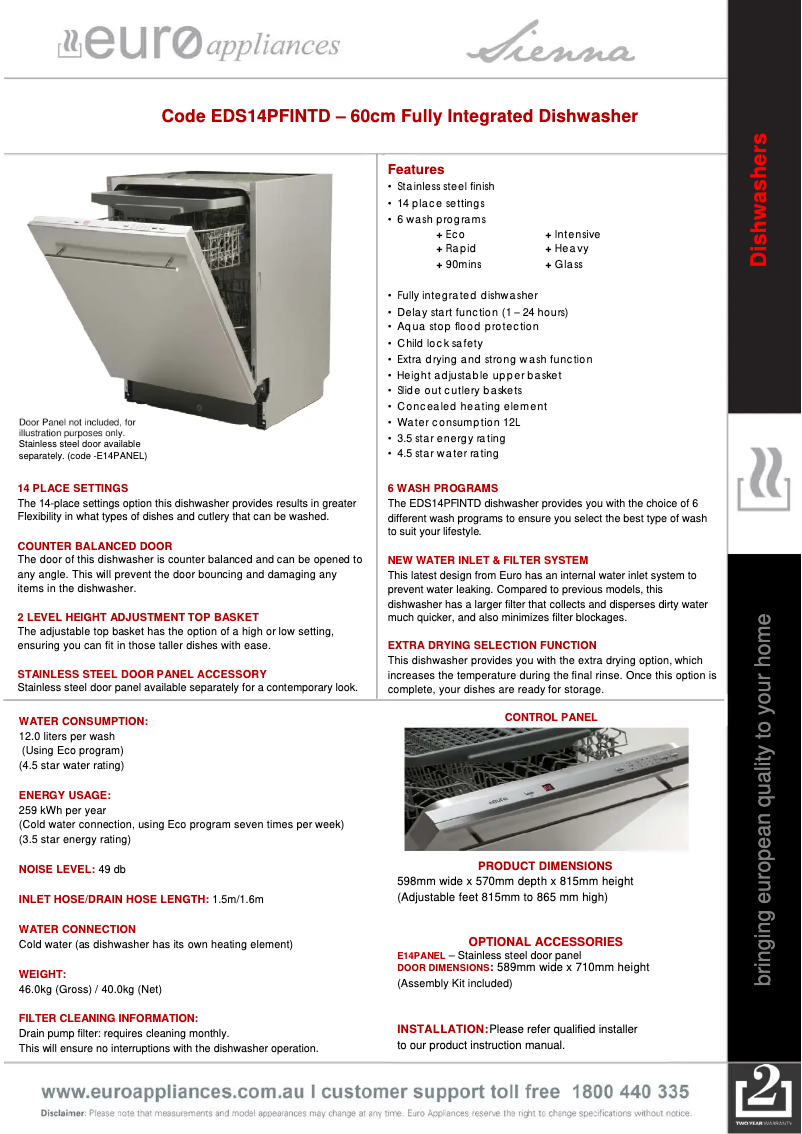 Page n°1 - Fiche technique Euro Appliances EDS14PFINTD